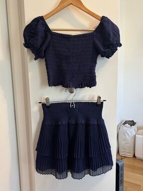 Katie J NYC Navy Smocked Puff-Sleeve Crop Top & Tiered Pleated Skirt Set